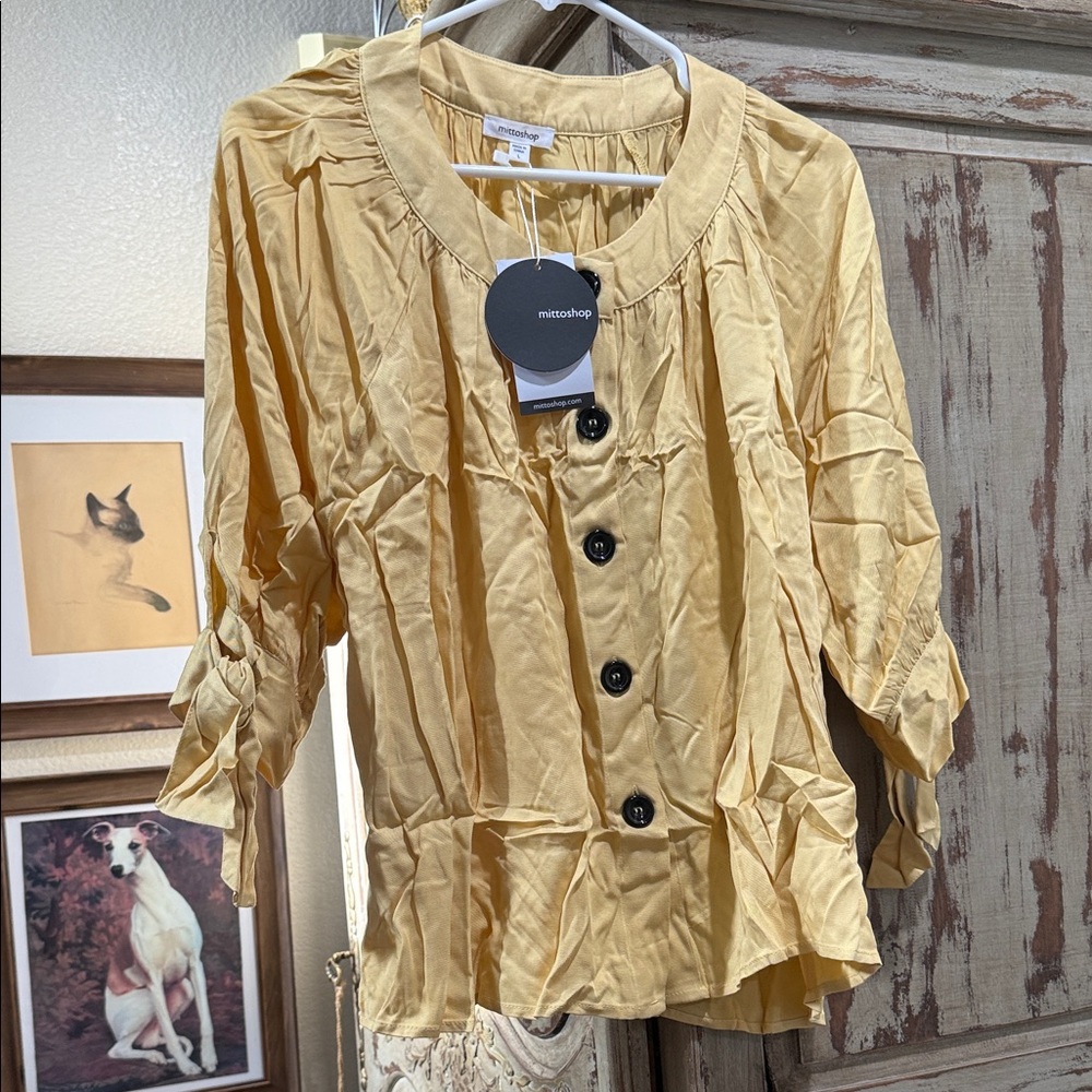 mittoshop Yellow Button-Front Ruffle Blouse